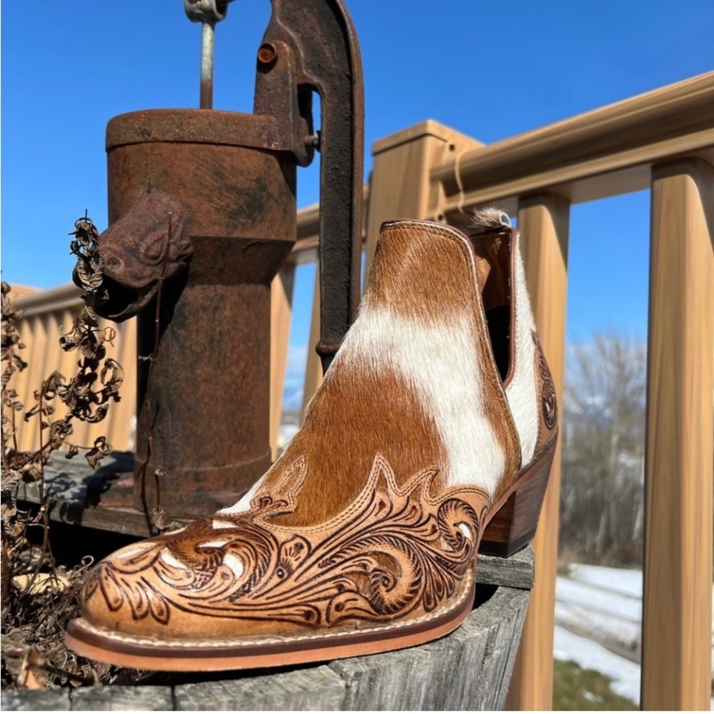 💯Hand Tooled Leather Genuine Cowhide Women Bootie Boot Boho Western Shoe New